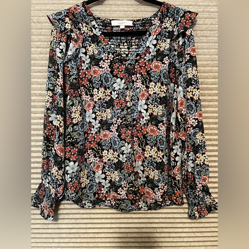 Loft Ann Taylor top, smocking at neck and wrist, lovely flowers